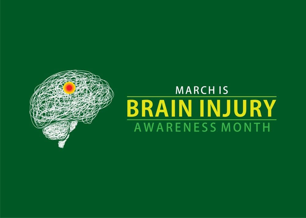 A scribble-drawing of a brain next to the text, “MARCH IS BRAIN INJURY AWARENESS MONTH.”