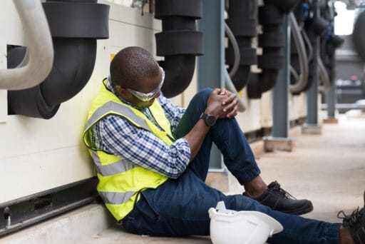 An injured Millbrook worker wearing a safety vest and goggles, holding his knee and sitting on the ground.