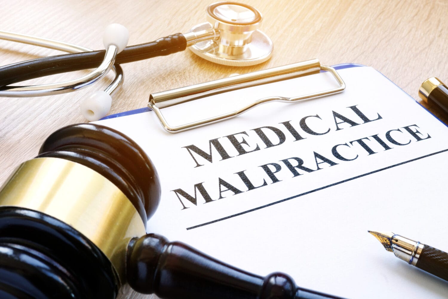 A clipboard with a paper labeled “MEDICAL MALPRACTICE”, a pen, a stethoscope, and a gavel.
